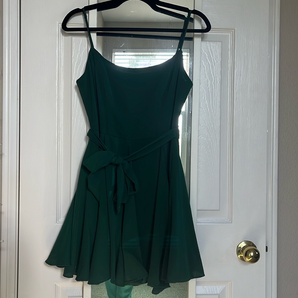 Green Spaghetti Strap Dress with Tie Waist